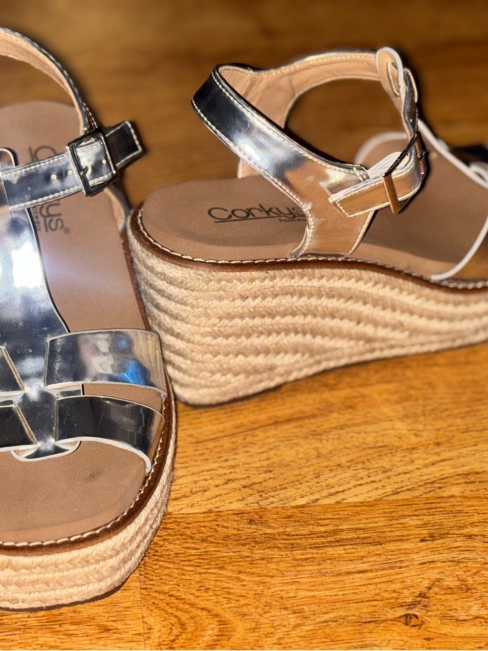 Corkys Silver Metallic Espadrille Wedge Sandals